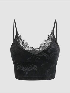 3/$25 Lace Trim Velvet Bralette Crop Top - Black